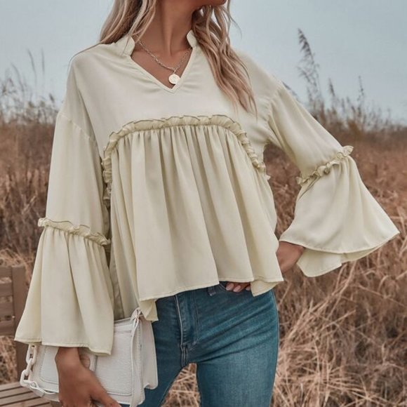 MODA ME COUTURE Tops - Babydoll Flouncy Blouse - beige